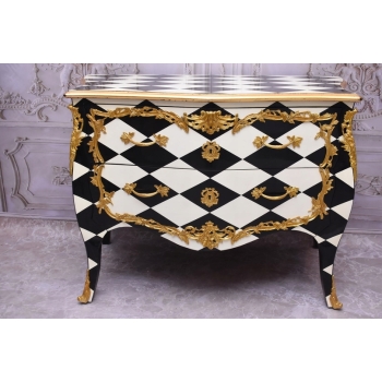Królewska Biało Czarna Komoda - Vintage Szafa - Romby - Złote Okucia