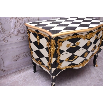 Królewska Biało Czarna Komoda - Vintage Szafa - Romby - Złote Okucia