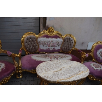 Barokowy Komplet Wypoczynkowy Wypoczynek w Kwiaty - Sofa + 4 Fotele + Stół