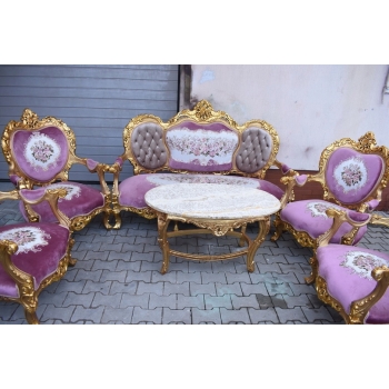 Barokowy Komplet Wypoczynkowy Wypoczynek w Kwiaty - Sofa + 4 Fotele + Stół