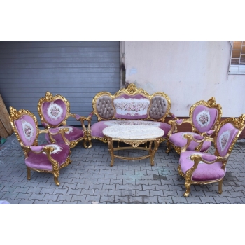 Barokowy Komplet Wypoczynkowy Wypoczynek w Kwiaty - Sofa + 4 Fotele + Stół