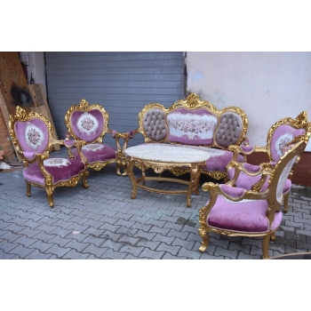 Barokowy Komplet Wypoczynkowy Wypoczynek w Kwiaty - Sofa + 4 Fotele + Stół