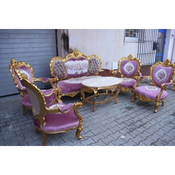 Barokowy Komplet Wypoczynkowy Wypoczynek w Kwiaty - Sofa + 4 Fotele + Stół