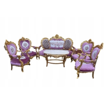 Barokowy Komplet Wypoczynkowy Wypoczynek w Kwiaty - Sofa + 4 Fotele + Stół