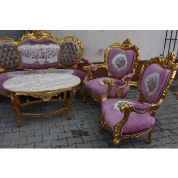 Barokowy Komplet Wypoczynkowy Wypoczynek w Kwiaty - Sofa + 4 Fotele + Stół