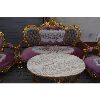 Barokowy Komplet Wypoczynkowy Wypoczynek w Kwiaty - Sofa + 4 Fotele + Stół