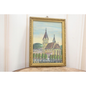 Nikifor Krynicki - Pejzaż - KRAKÓW - Stary Obraz - Akwarela Ołówek