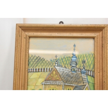 Nikifor Krynicki - Pejzaż - KRYNICA ZDRÓJ - Stary Obraz - Akwarela Ołówek