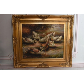 Rodzina Kaczek - Pływające Kaczki Kaczka - Złota Rama - Obraz Olejny 83x73