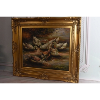 Rodzina Kaczek - Pływające Kaczki Kaczka - Złota Rama - Obraz Olejny 83x73