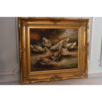 Rodzina Kaczek - Pływające Kaczki Kaczka - Złota Rama - Obraz Olejny 83x73