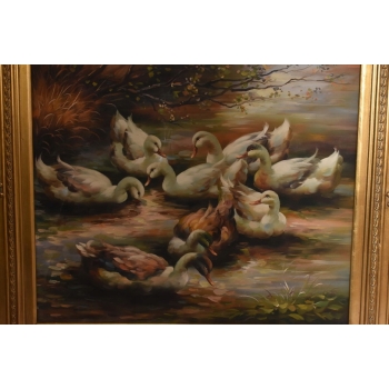 Rodzina Kaczek - Pływające Kaczki Kaczka - Złota Rama - Obraz Olejny 83x73