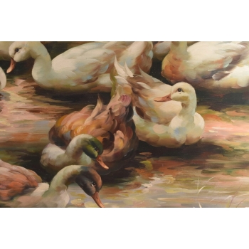 Rodzina Kaczek - Pływające Kaczki Kaczka - Złota Rama - Obraz Olejny 83x73