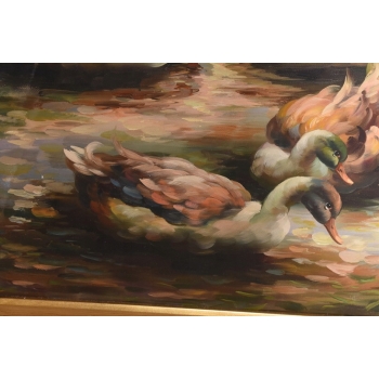 Rodzina Kaczek - Pływające Kaczki Kaczka - Złota Rama - Obraz Olejny 83x73