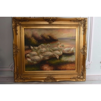 Rodzina Kaczek - Pływające Kaczki Kaczka - Złota Rama - Obraz Olejny 83x73