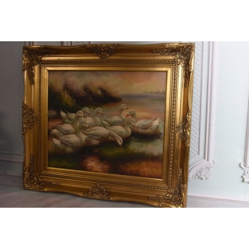 Rodzina Kaczek - Pływające Kaczki Kaczka - Złota Rama - Obraz Olejny 83x73