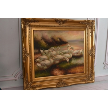 Rodzina Kaczek - Pływające Kaczki Kaczka - Złota Rama - Obraz Olejny 83x73