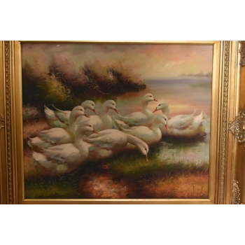 Rodzina Kaczek - Pływające Kaczki Kaczka - Złota Rama - Obraz Olejny 83x73