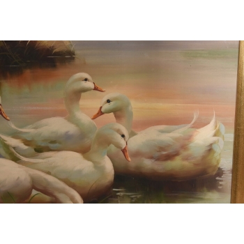 Rodzina Kaczek - Pływające Kaczki Kaczka - Złota Rama - Obraz Olejny 83x73