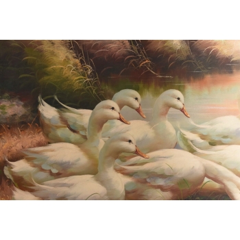 Rodzina Kaczek - Pływające Kaczki Kaczka - Złota Rama - Obraz Olejny 83x73