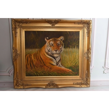 Dostojny Tygrys Pantera Złota Rama - Obraz Olejny 83x73