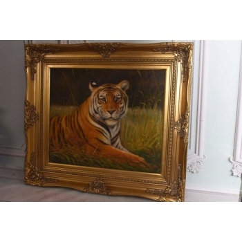 Dostojny Tygrys Pantera Złota Rama - Obraz Olejny 83x73