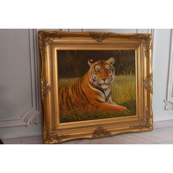Dostojny Tygrys Pantera Złota Rama - Obraz Olejny 83x73