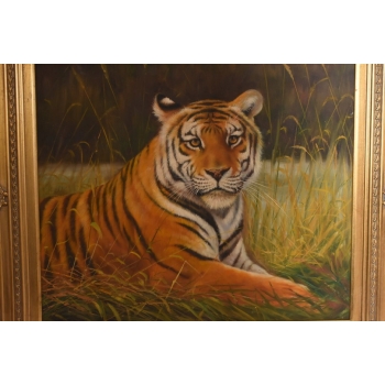 Dostojny Tygrys Pantera Złota Rama - Obraz Olejny 83x73