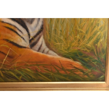 Dostojny Tygrys Pantera Złota Rama - Obraz Olejny 83x73