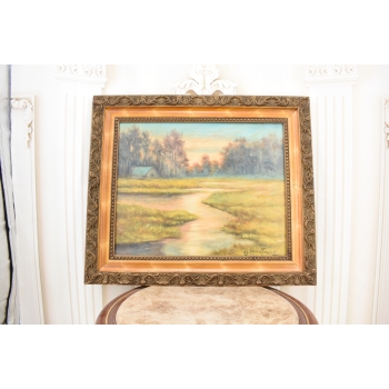 AS PROCAJŁOWICZ - Pejzaż Polski - Dom nad Rzeką w Lesie Stary Obraz Olejny