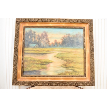 AS PROCAJŁOWICZ - Pejzaż Polski - Dom nad Rzeką w Lesie Stary Obraz Olejny