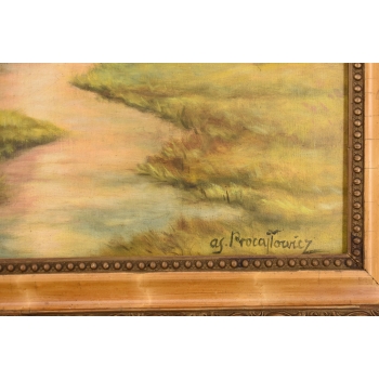 AS PROCAJŁOWICZ - Pejzaż Polski - Dom nad Rzeką w Lesie Stary Obraz Olejny