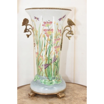 Zielony Porcelanowy Wazon Kwiaty - Motyle - Porcelana + Brąz - Sygnowany