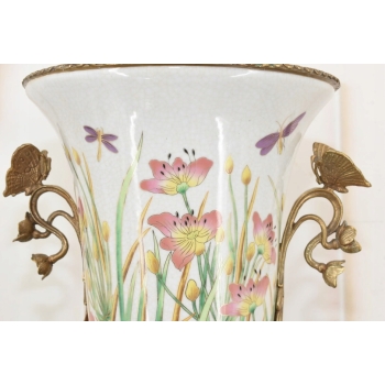Zielony Porcelanowy Wazon Kwiaty - Motyle - Porcelana + Brąz - Sygnowany