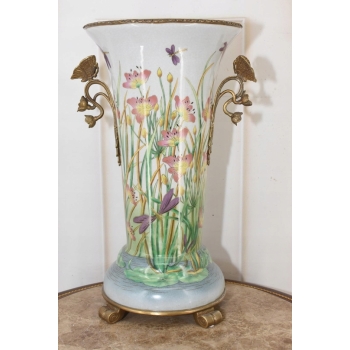 Zielony Porcelanowy Wazon Kwiaty - Motyle - Porcelana + Brąz - Sygnowany