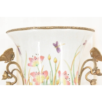 Zielony Porcelanowy Wazon Kwiaty - Motyle - Porcelana + Brąz - Sygnowany