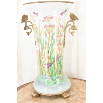 Zielony Porcelanowy Wazon Kwiaty - Motyle - Porcelana + Brąz - Sygnowany