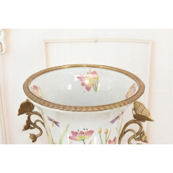 Zielony Porcelanowy Wazon Kwiaty - Motyle - Porcelana + Brąz - Sygnowany