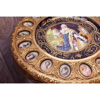 Francuski Stół Empire Drewno + Brąz + Porcelanowe Malunki Arystokracji Koło