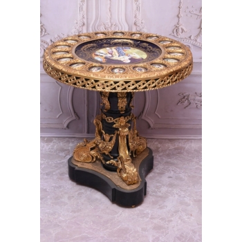 Francuski Stół Empire Drewno + Brąz + Porcelanowe Malunki Arystokracji Koło