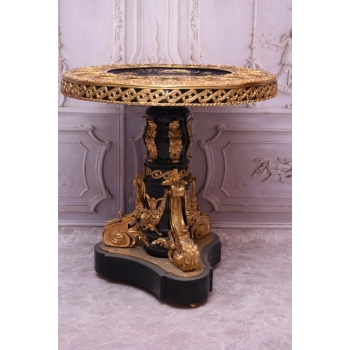 Francuski Stół Empire Drewno + Brąz + Porcelanowe Malunki Arystokracji Koło