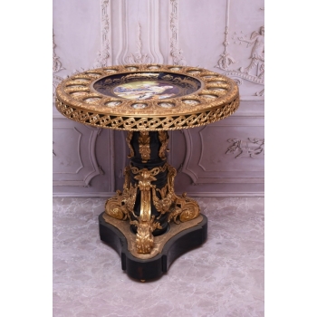 Francuski Stół Empire Drewno + Brąz + Porcelanowe Malunki Arystokracji Koło