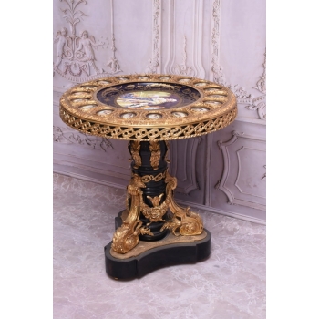 Francuski Stół Empire Drewno + Brąz + Porcelanowe Malunki Arystokracji Koło