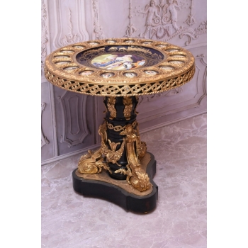 Francuski Stół Empire Drewno + Brąz + Porcelanowe Malunki Arystokracji Koło