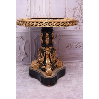 Francuski Stół Empire Drewno + Brąz + Porcelanowe Malunki Arystokracji Koło