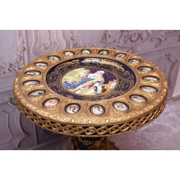 Francuski Stół Empire Drewno + Brąz + Porcelanowe Malunki Arystokracji Koło
