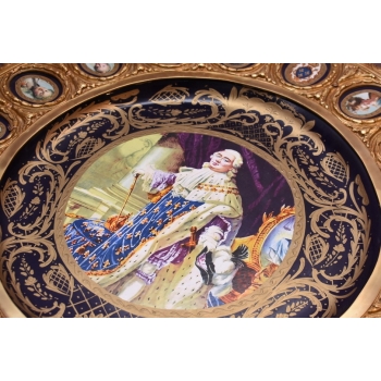 Francuski Stół Empire Drewno + Brąz + Porcelanowe Malunki Arystokracji Koło