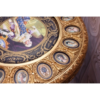 Francuski Stół Empire Drewno + Brąz + Porcelanowe Malunki Arystokracji Koło
