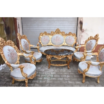 Barokowy Komplet Wypoczynkowy Wypoczynek w Kwiaty - Sofa + 4 Fotele + Stół