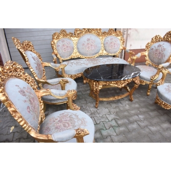 Barokowy Komplet Wypoczynkowy Wypoczynek w Kwiaty - Sofa + 4 Fotele + Stół